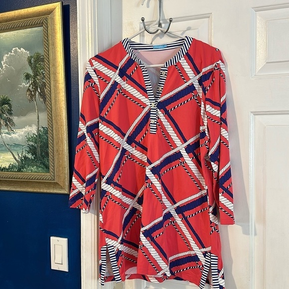 J. McLaughlin Tops - Women’s J. McLaughlin Red, White & Blue V Neck Nautical Rope Design Tunic Sz L